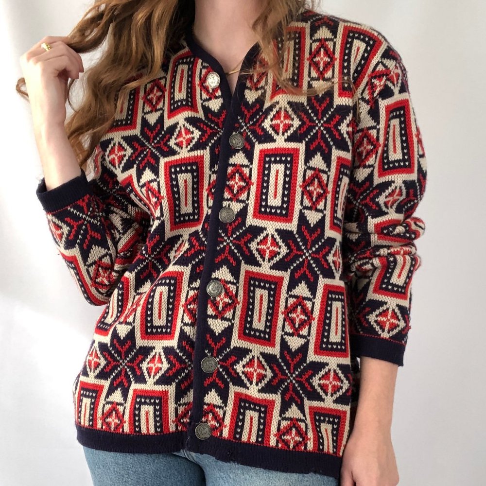 Vintage Norvyk Fair Isle Nordic Knit 100% Pure Wool Oversized Cardigan Sweater - Picture 1 of 15